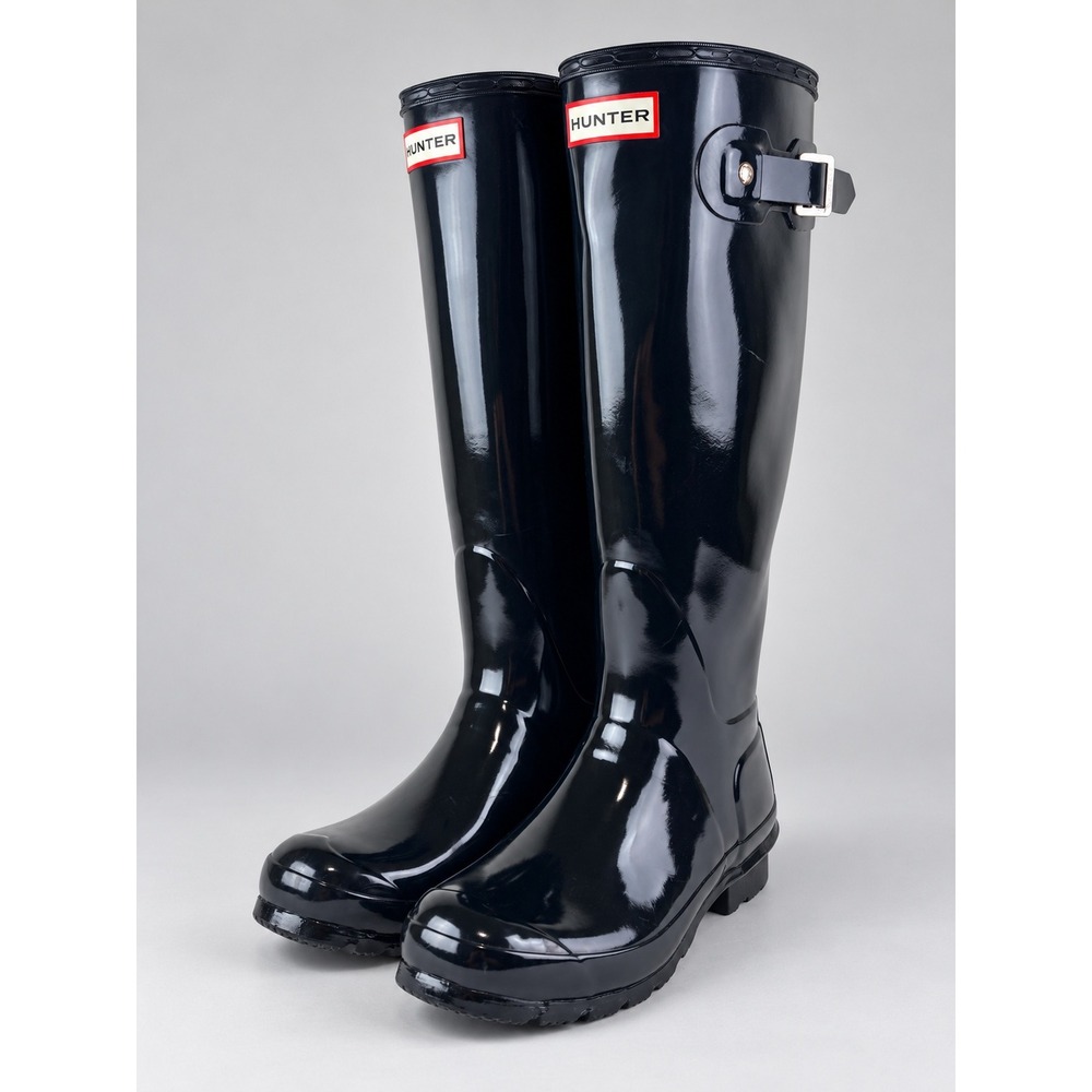 Hunter Original Tall Gloss Rain Boots Women SZ 6 Navy Blue Waterproof Festival